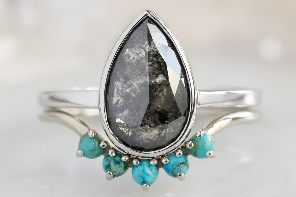 The Hazel Ring with a Rose-Cut Black Diamond with Turquoise Sunburst Stacking Band