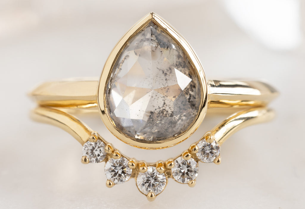 The Hazel Ring with a Rose-Cut Icy White Diamond with Round Diamond Sunburst Stacking Band