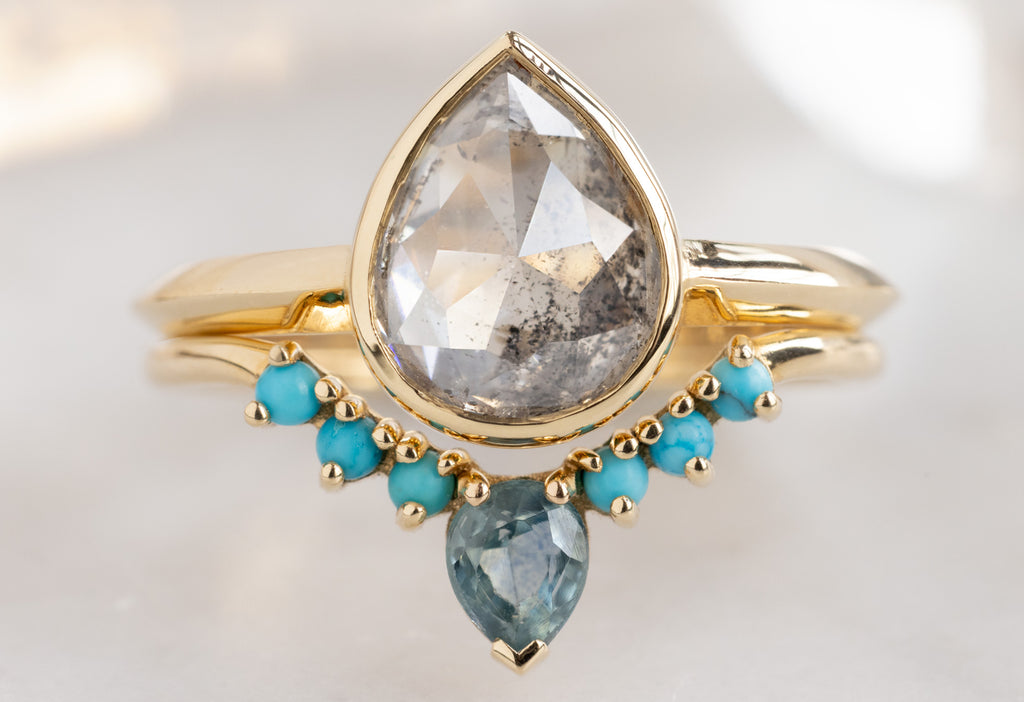 The Hazel Ring with a Rose-Cut Icy White Diamond with Turquoise and Sapphire Stacking Band