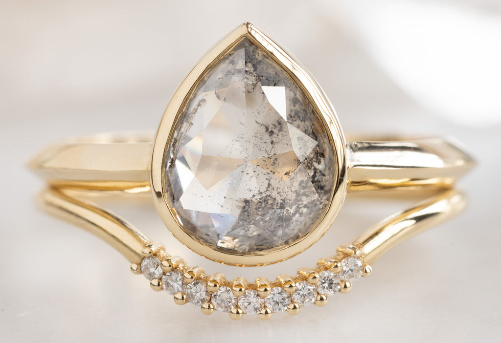 The Hazel Ring with a Rose-Cut Icy White Diamond with White Pavé Arc Stacking Band