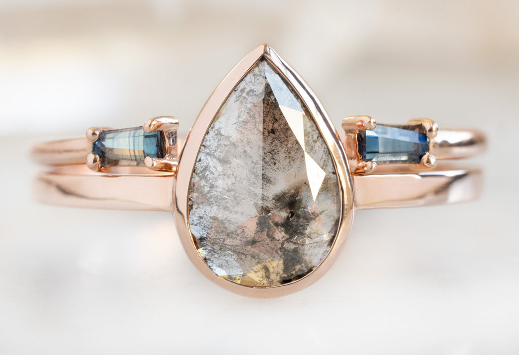  The Hazel Ring with a Rose-Cut Salt and Pepper Diamond with Open Cuff Sapphire Stacking Band
