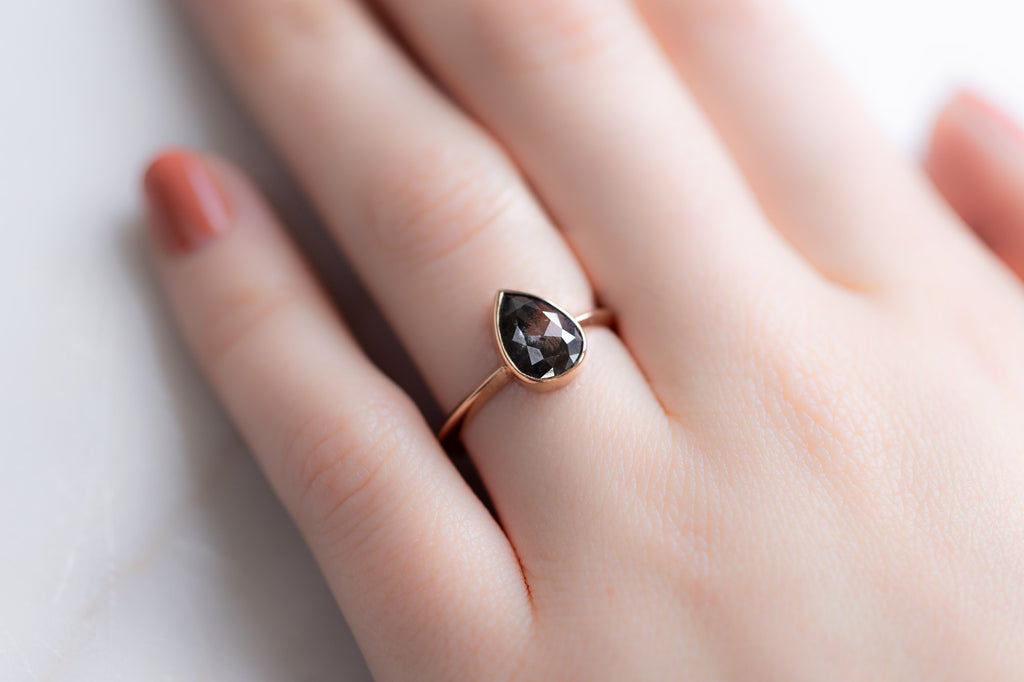 Bezel Set Raw Black Diamond Engagement Ring on Model