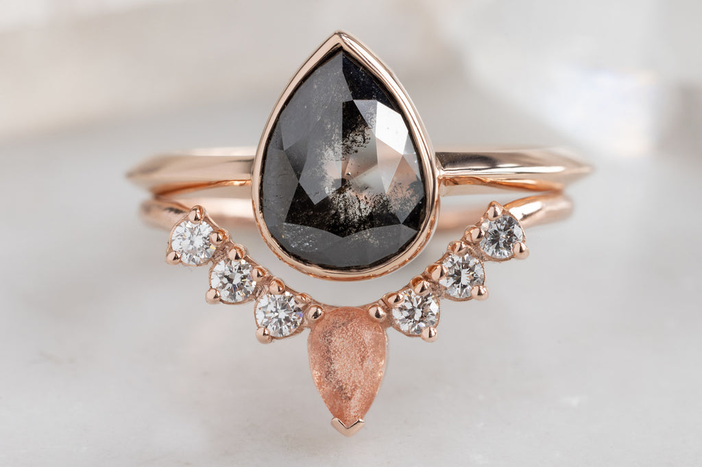 Bezel Set Raw Black Diamond Engagement Ring with Sunstone Stacking Band