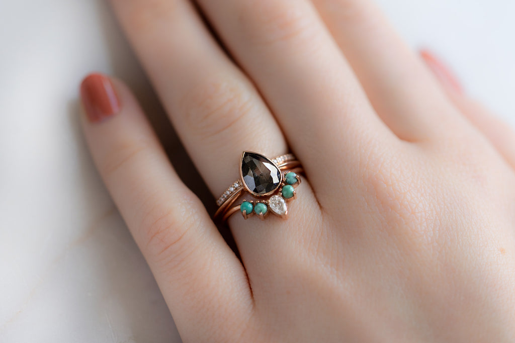 Bezel Set Raw Black Diamond Engagement Ring with Diamond ad Turquoise Stacking Band