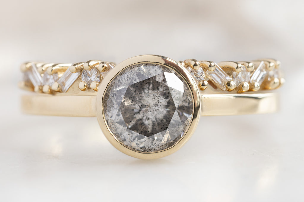 The Hazel Ring with a Round Salt and Pepper Diamond with Baguette Confetti Stacking Band