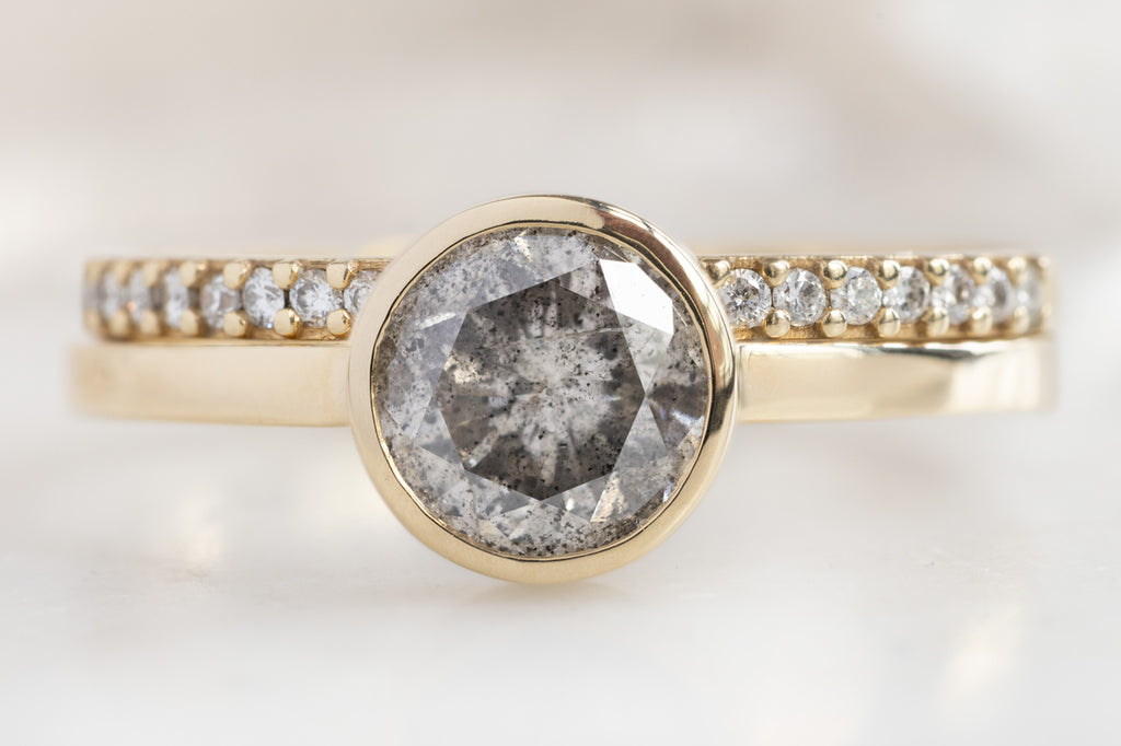 The Hazel Ring with a Round Salt and Pepper Diamond with White Diamond Pave Stacking Band