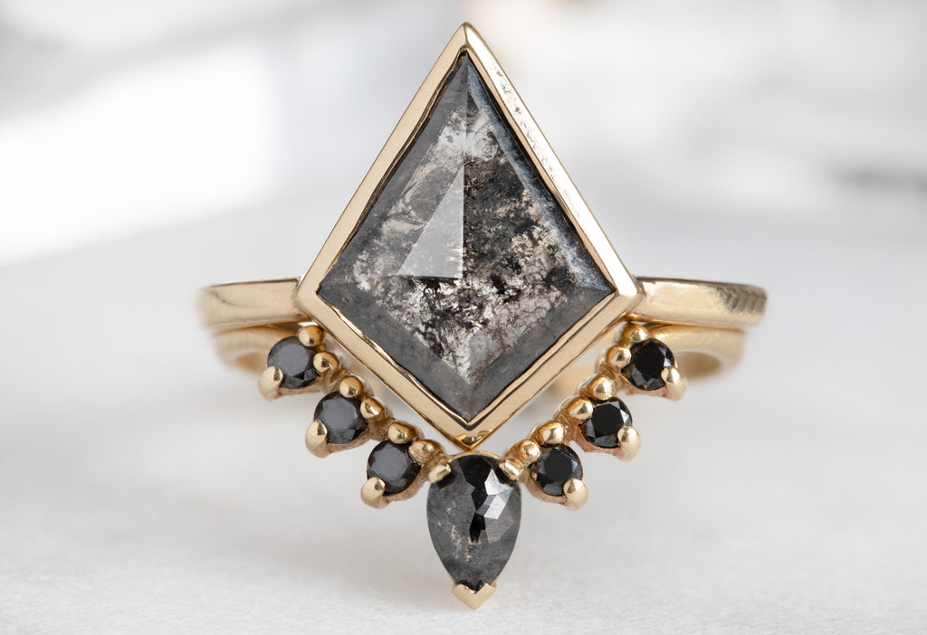 The Hazel Ring with a Salt and Pepper Kite Diamond with Stacking Band