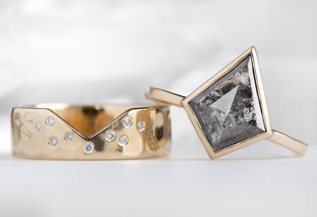 The Hazel Ring with a Salt and Pepper Kite Diamond with Stacking Band