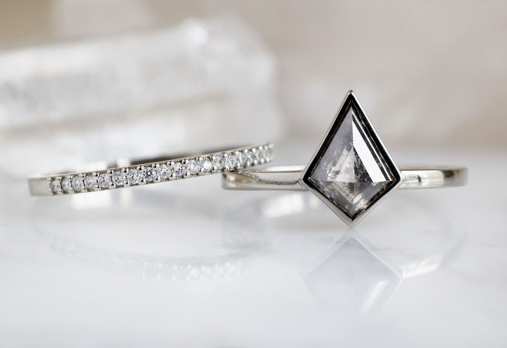 The Hazel Ring with a Salt and Pepper Kite Diamond with Stacking Band