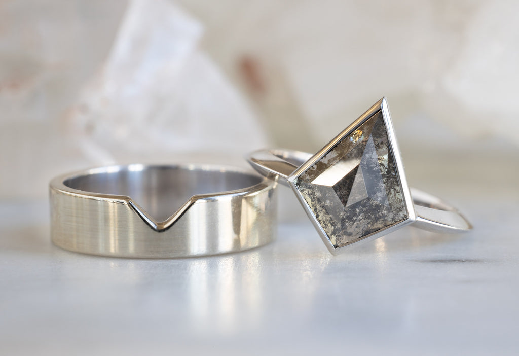 The Hazel Ring with a Salt and Pepper Kite Diamond with Stacking Band
