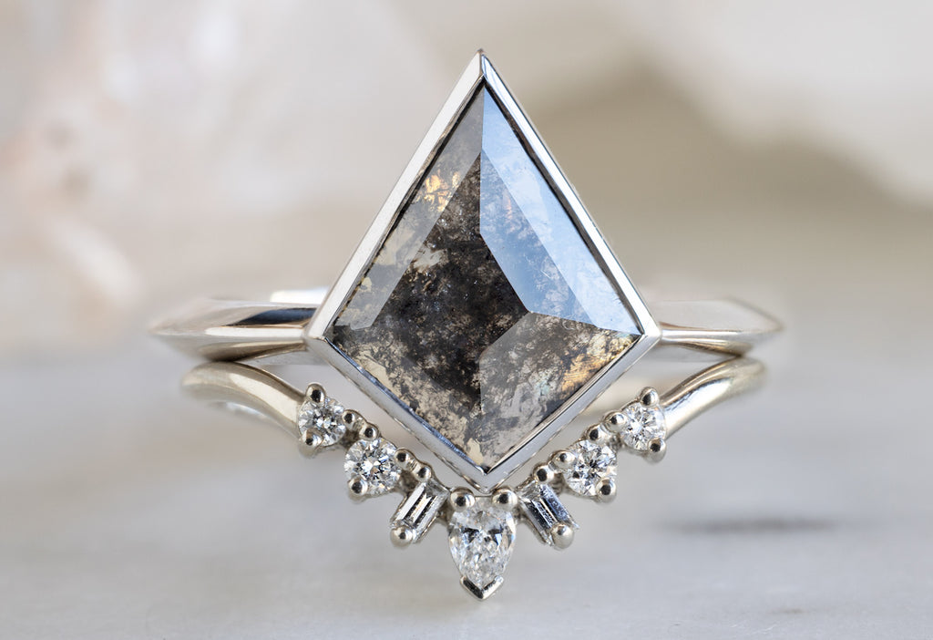 The Hazel Ring with a Salt and Pepper Kite Diamond with Stacking Band