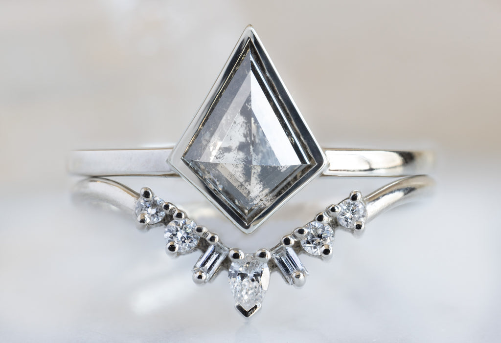 The Hazel Ring with a Salt and Pepper Kite Diamond with Stacking Band