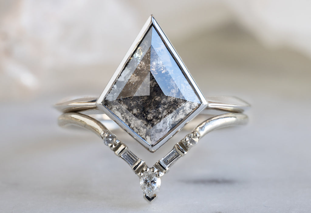 The Hazel Ring with a Salt and Pepper Kite Diamond with Stacking Band