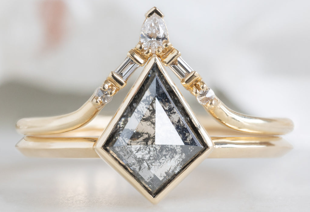 The Hazel Ring with a Kite-Shaped Salt and Pepper Diamond with Diamond Tiara Stacking Band