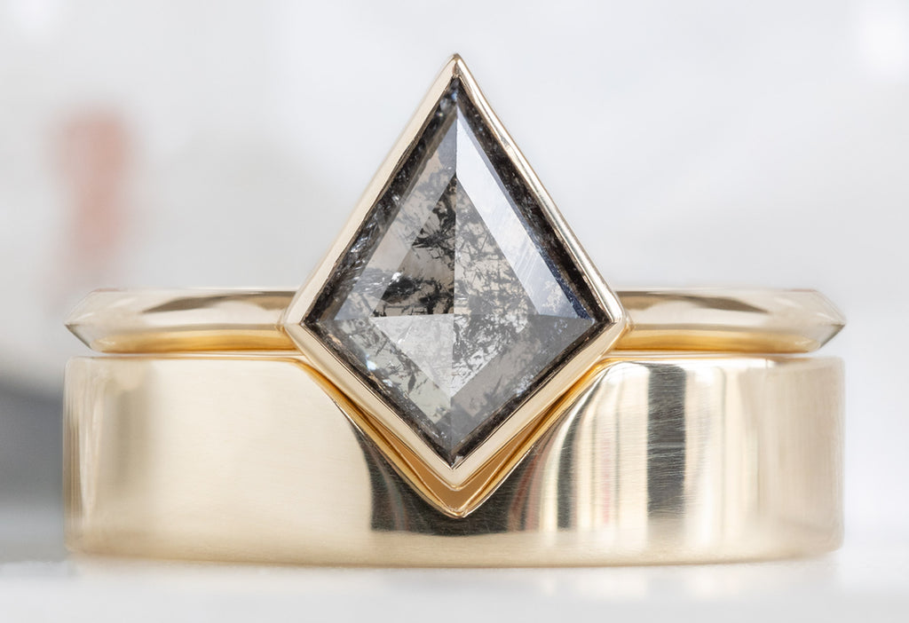 The Hazel Ring with a Kite-Shaped Salt and Pepper Diamond with The Gold Cut-Out Stacking Band
