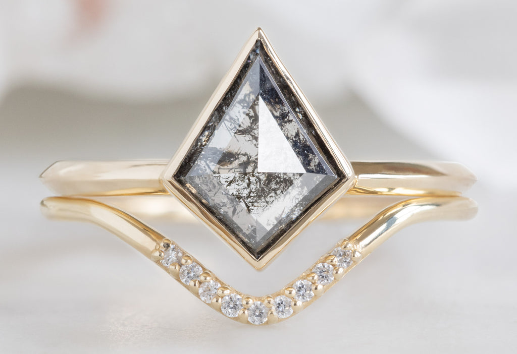 The Hazel Ring with a Kite-Shaped Salt and Pepper Diamond with the Pave Peak Stacking Band