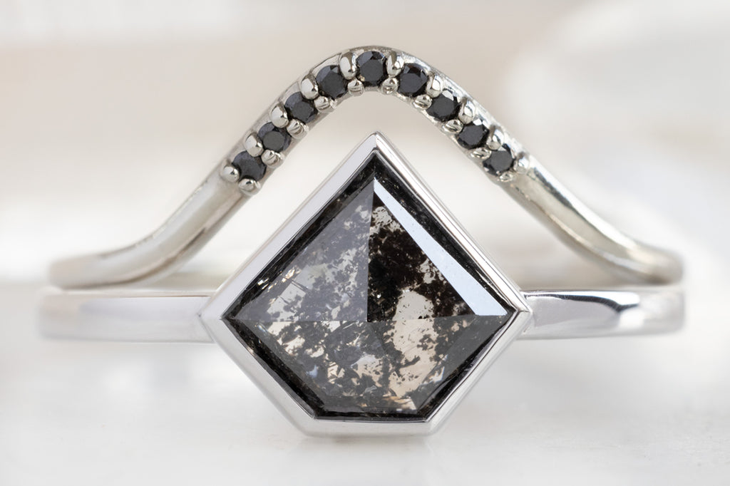 The Hazel Ring with a Shield-Cut Black Diamond with Black Diamond Stacking Bnad