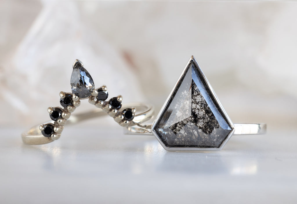 The Hazel Ring with a Shield-Cut Black Diamond with Black Diamond Sunburst Stacking Band