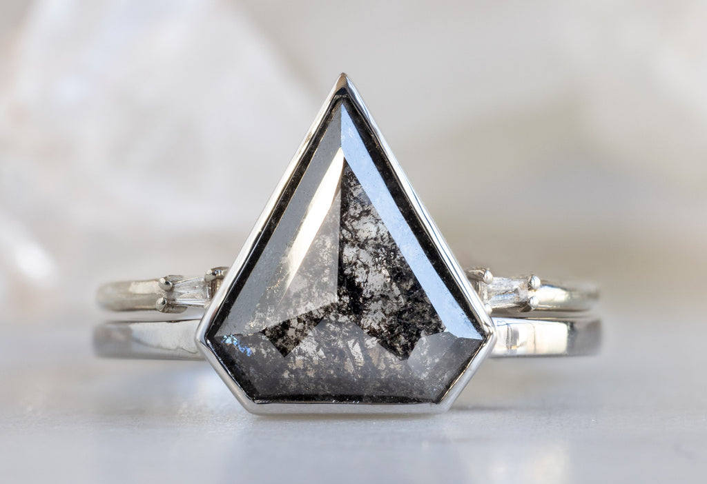 The Hazel Ring with a Shield-Cut Black Diamond with Open Cuff Baguette Stacking Band