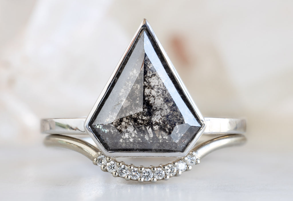 The Hazel Ring with a Shield-Cut Black Diamond with Pavé Arc Stacking Band