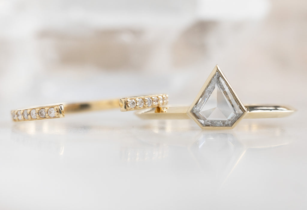 The Hazel Ring with a Shield-Cut White Diamond with Open Cuff Pave Diamond Stacking Band