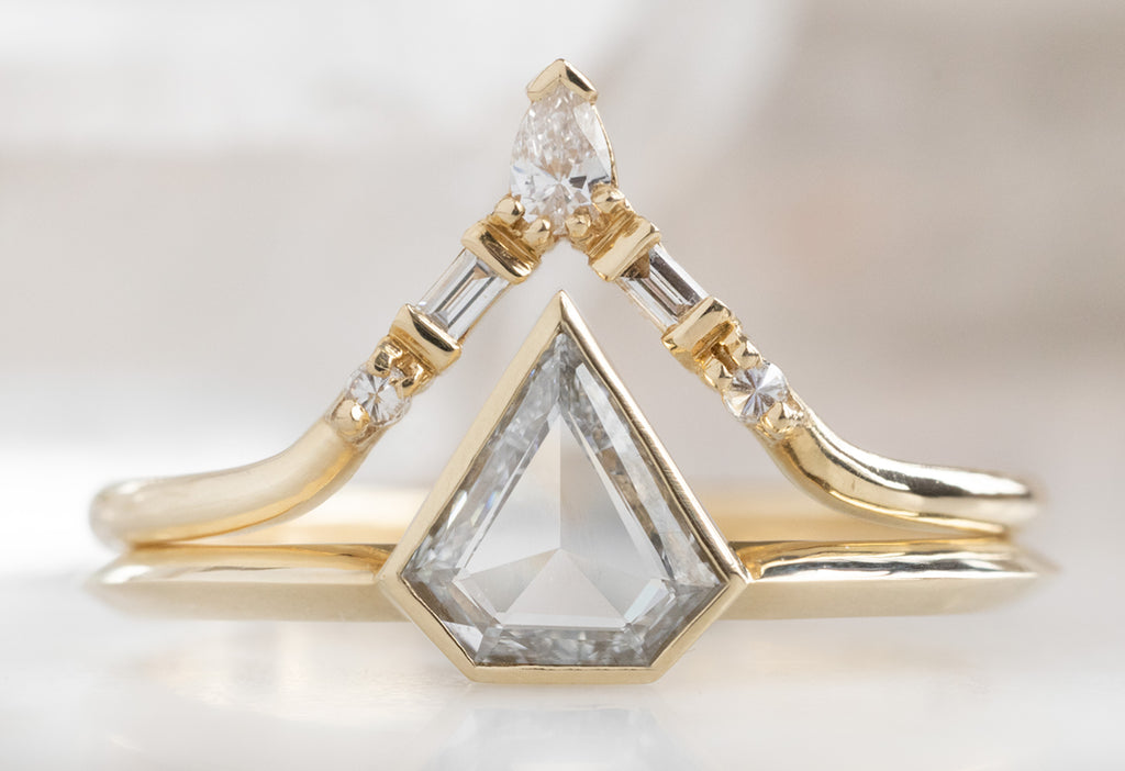 The Hazel Ring with a Shield-Cut White Diamond with White Diamond Tiara Stacking Band