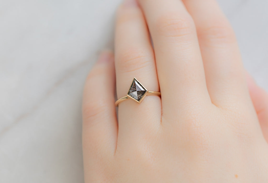 The Hazel Ring with a Kite-Shaped Salt and Pepper Diamond on Model