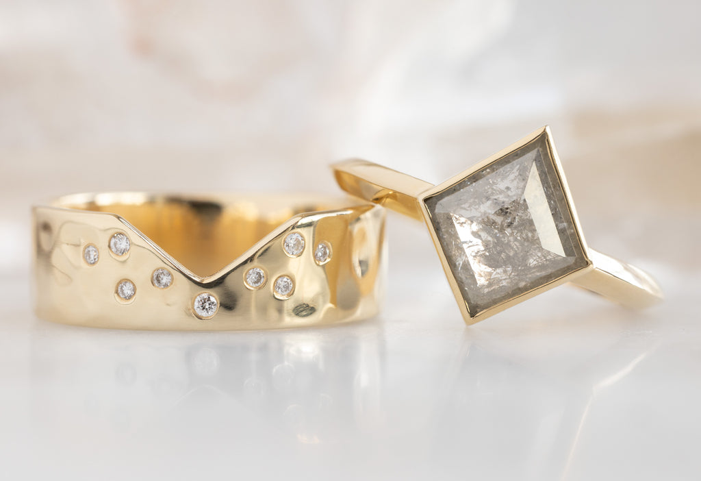 The Hazel Ring with a Silvery Grey Kite-Shaped Diamond with Constellation Cut-Out Stacking Band