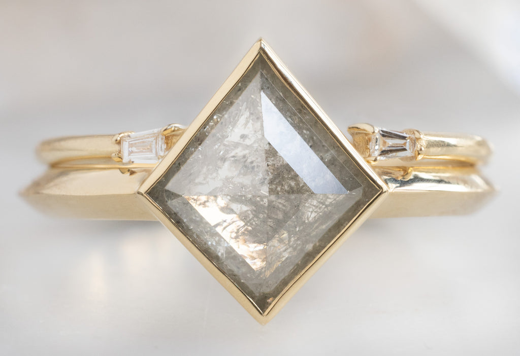The Hazel Ring with a Silvery Grey Kite-Shaped Diamond with Open Cuff Baguette Stacking Bands