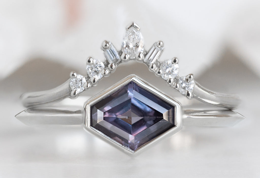 The Hazel Ring with an Artisan-Cut Violet Sapphire with White diamond Sunburst Stacking Band