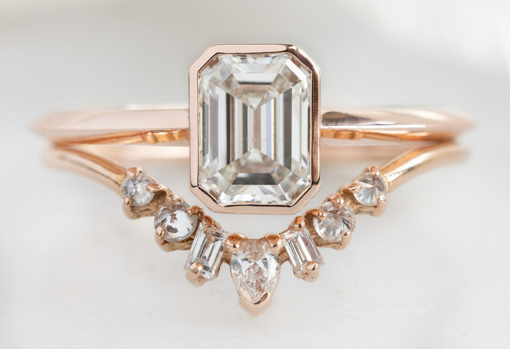 The Hazel Ring with an Emerald-Cut White Diamond with White Diamond Geometric Stacking Band