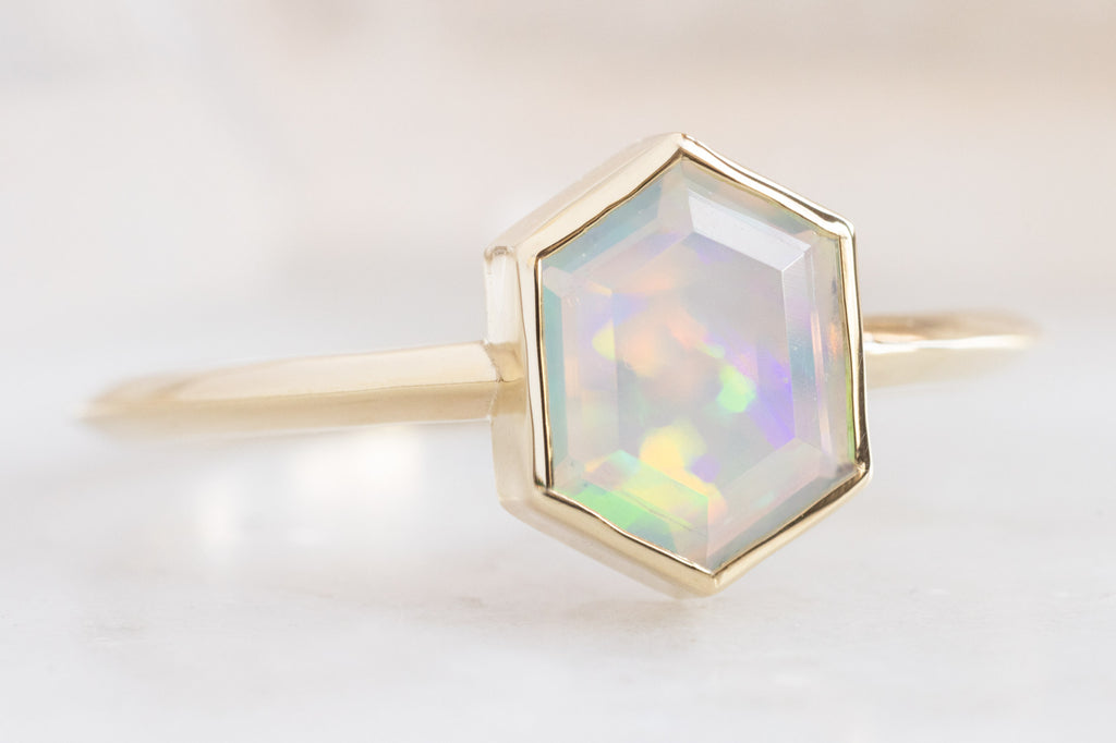 Side View of The Hazel Ring with an Opal Hexagon 