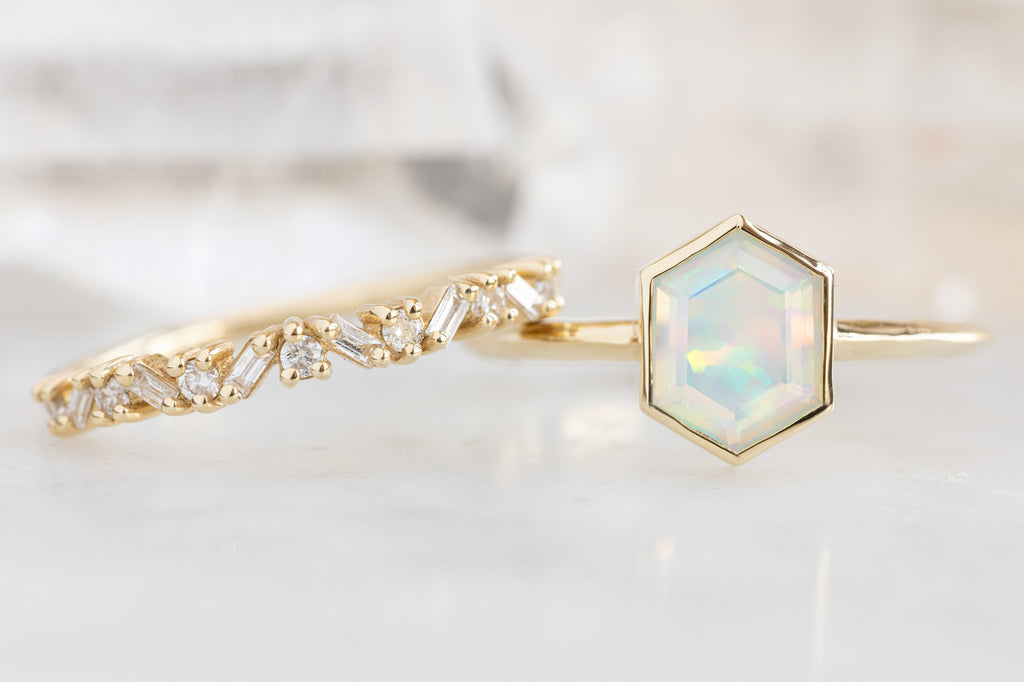 The Hazel Ring with an Opal Hexagon with White Diamond Confetti Stacking Band