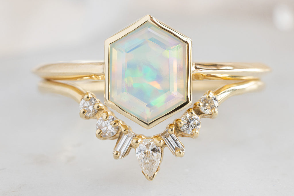 The Hazel Ring with an Opal Hexagon with Geometric White Diamond Stacking Band