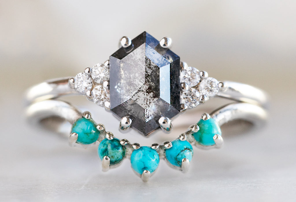 The Ivy Ring with a Black Hexagon Diamond with Stacking Band