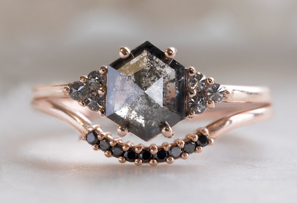 The Ivy Ring with a Black Hexagon Diamond with Stacking Band