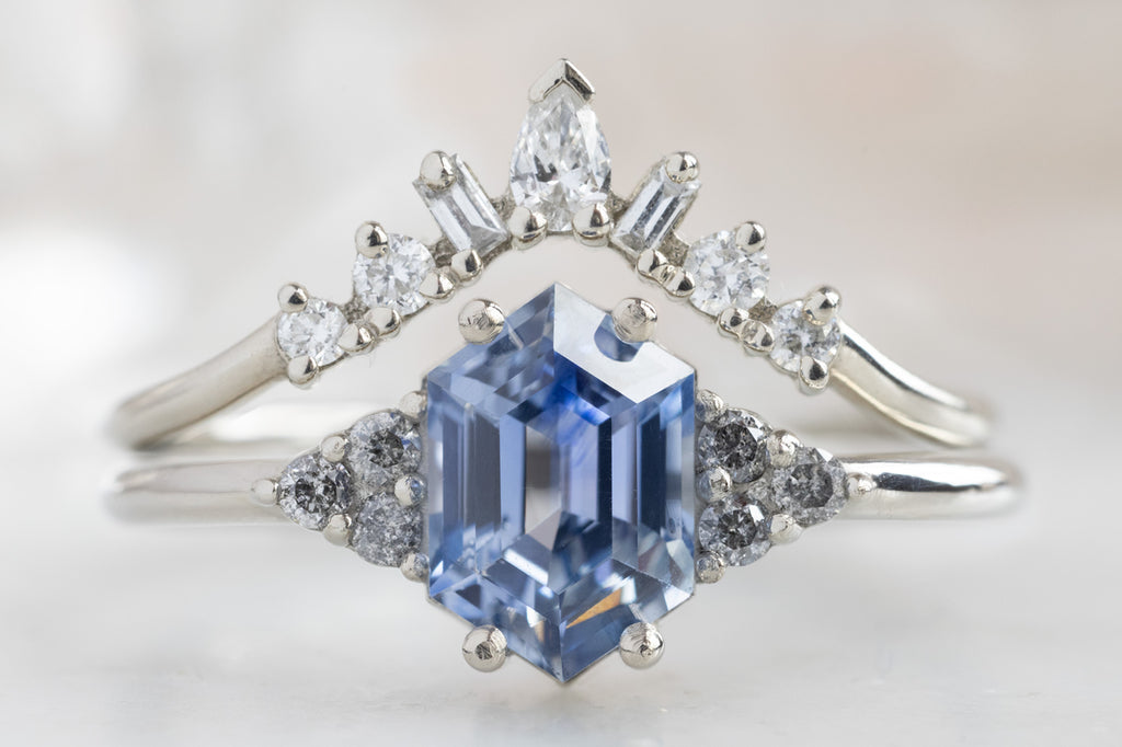 The Ivy Ring with a Blue Violet Sapphire with Geometric White Diamond Sunburst