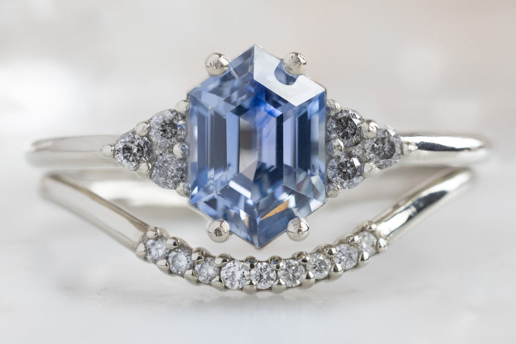 The Ivy Ring with a Blue Violet Sapphire with White Diamond Arc Stacking Band