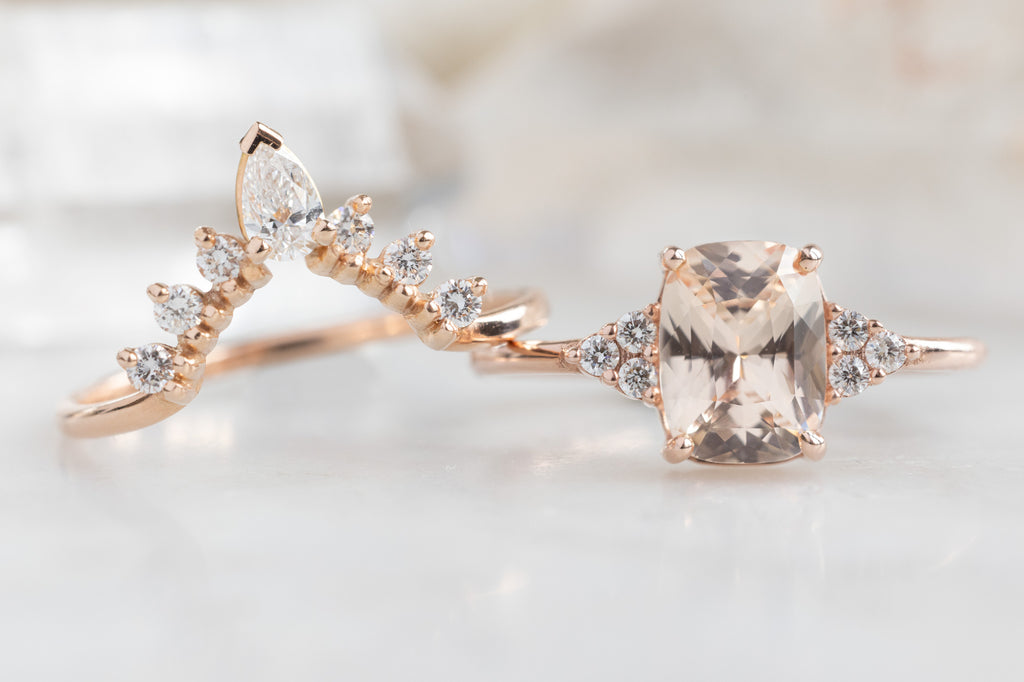 The Ivy Ring with a Cushion-Cut Peach Sapphire with Stacking Band