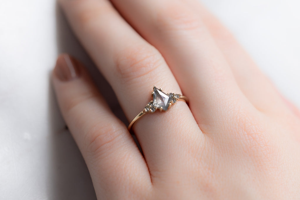 The Ivy Ring with a Silvery-Grey Kite Diamond on Model
