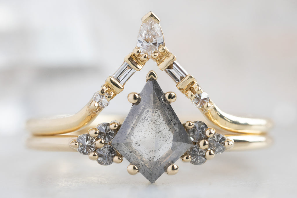 The Ivy Ring with a Silvery-Grey Kite Diamond with White Diamond Tiara Wedding Band