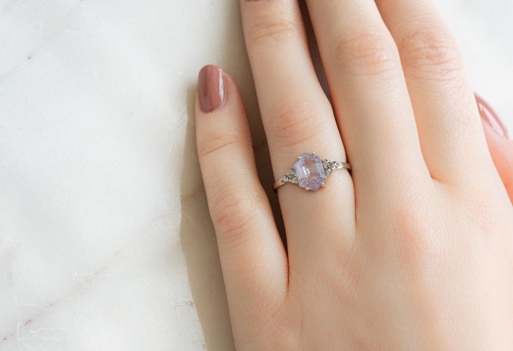 The Ivy Ring with a Lavender Sapphire Hexagon on Model