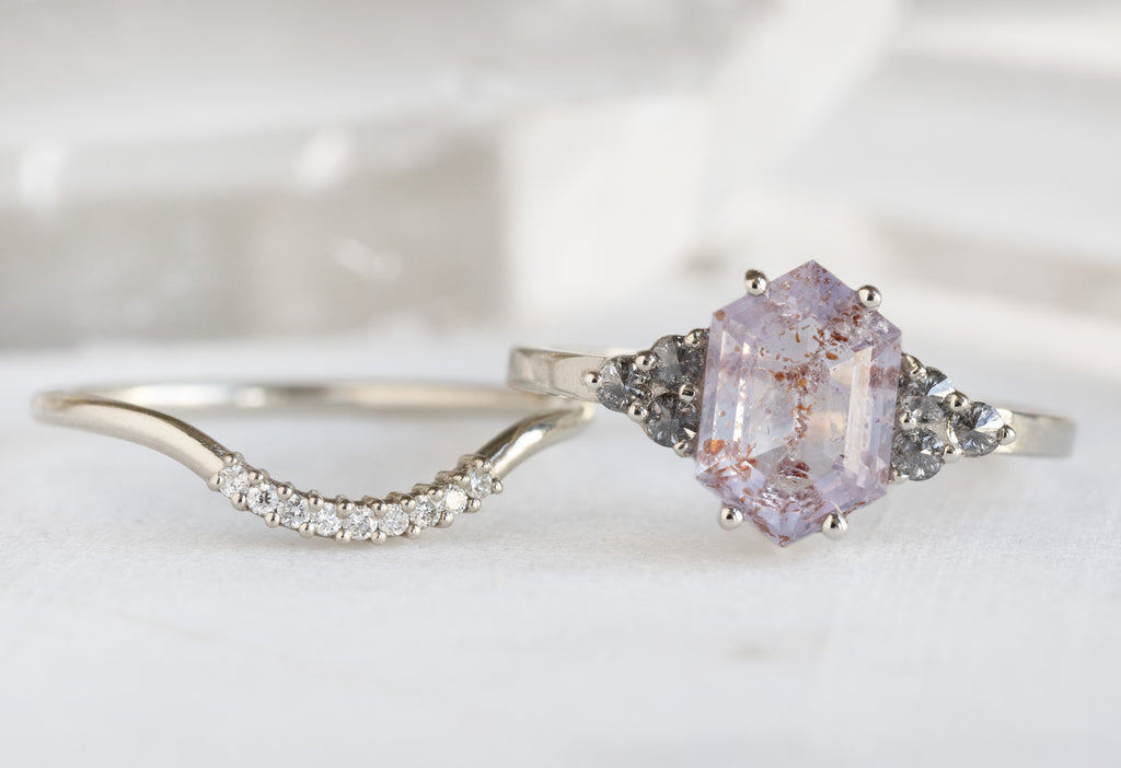 The Ivy Ring with a Lavender Sapphire Hexagon wit hWhite Diamond Pavé Stacking BAnd