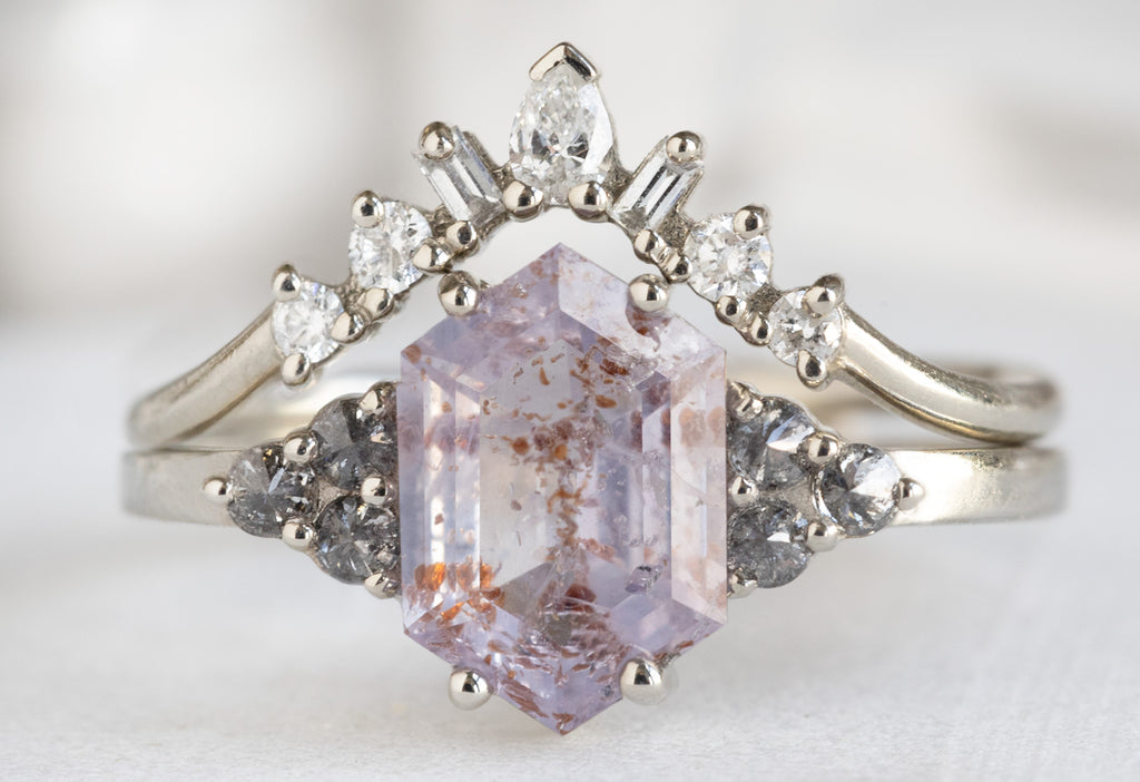 The Ivy Ring with a Lavender Sapphire Hexagon with White Diamond Stacking Band