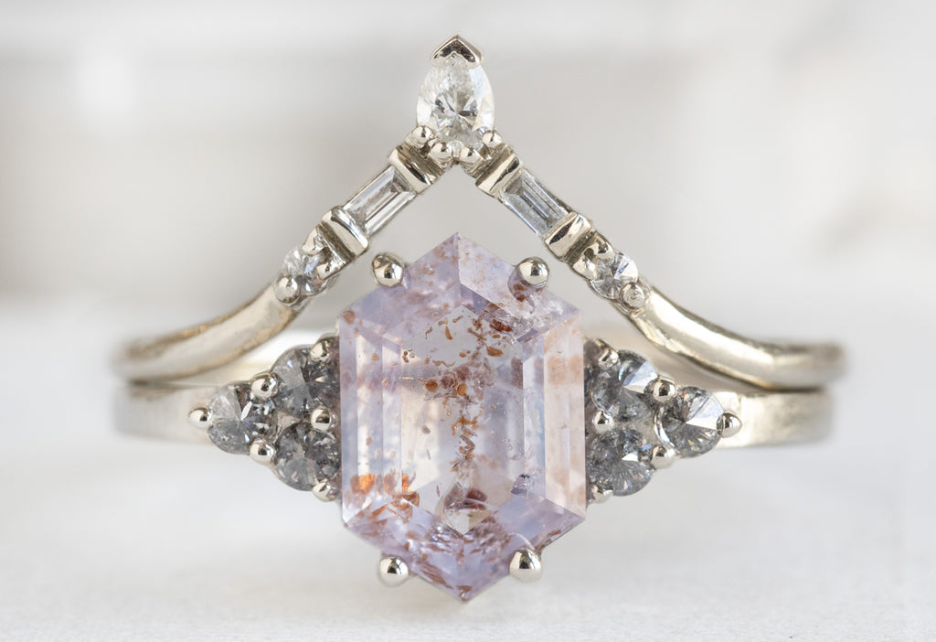 The Ivy Ring with a Lavender Sapphire Hexagon with White Diamond Tiara Stacking Band