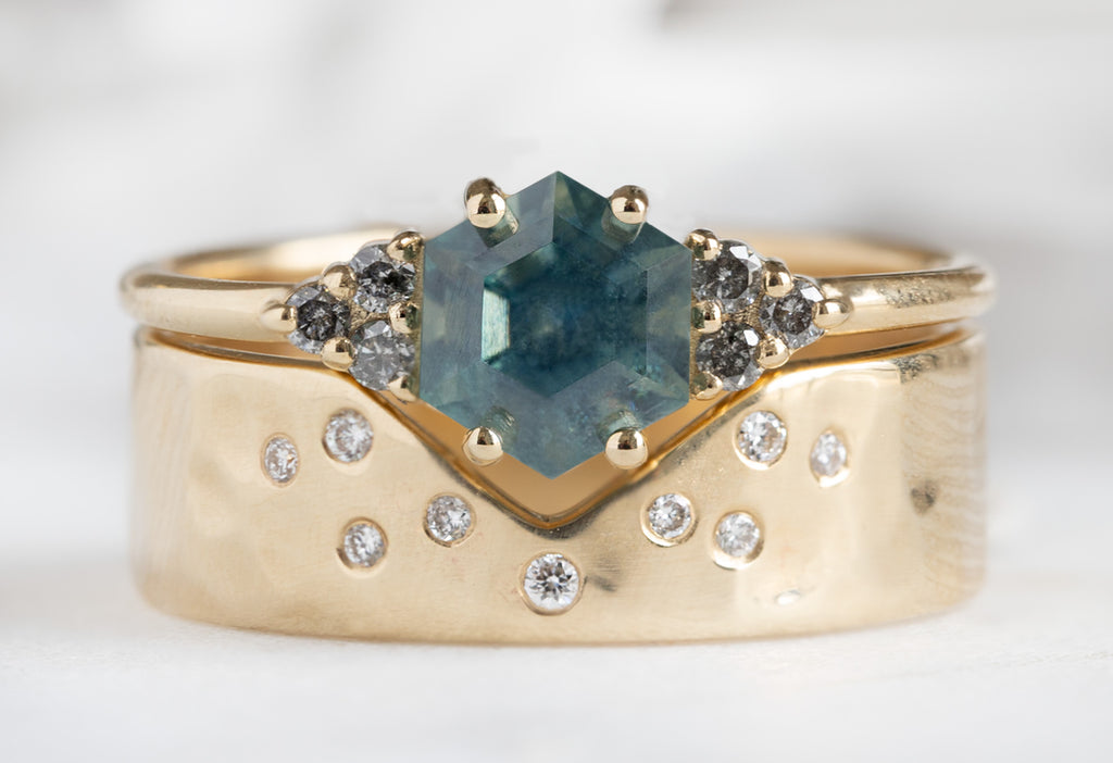 The Ivy Ring with a Montana Sapphire Hexagon with Cutout Stacking Band