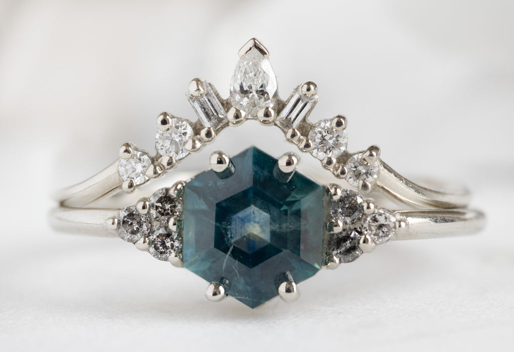The Ivy Ring with a Montana Sapphire Hexagon with White Diamond Wedding Band