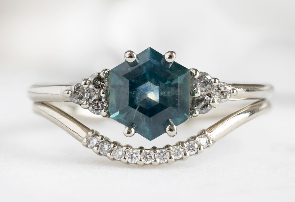 The Ivy Ring with a Montana Sapphire Hexagon with White Diamond Pavé Stacking Band