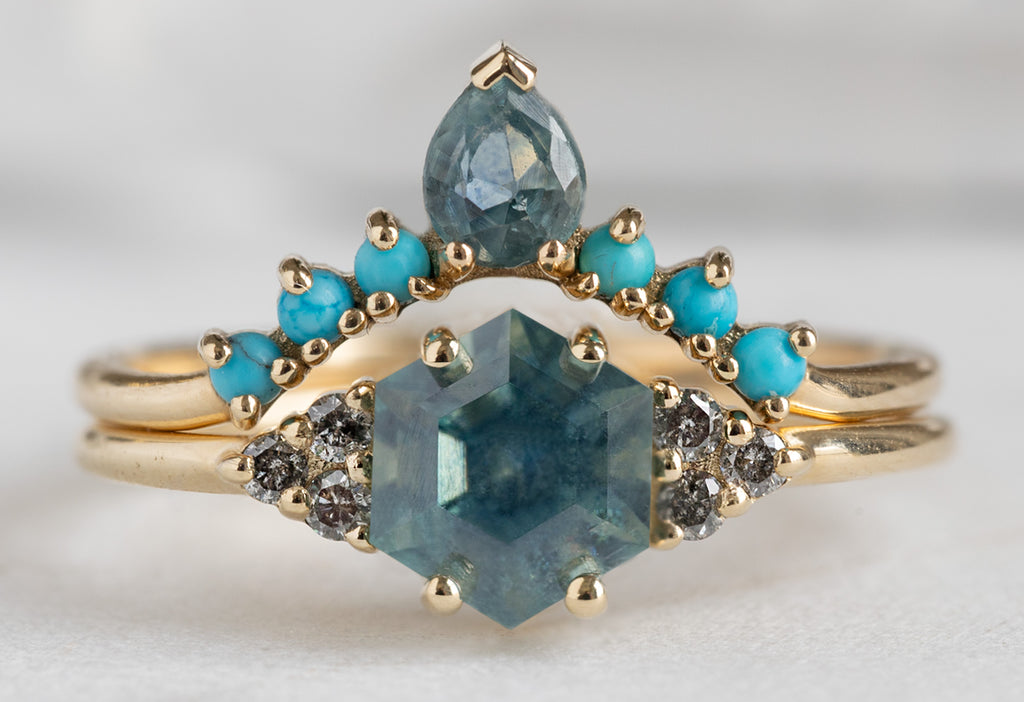 The Ivy Ring with a Montana Sapphire Hexagon with Sapphire Wedding Band