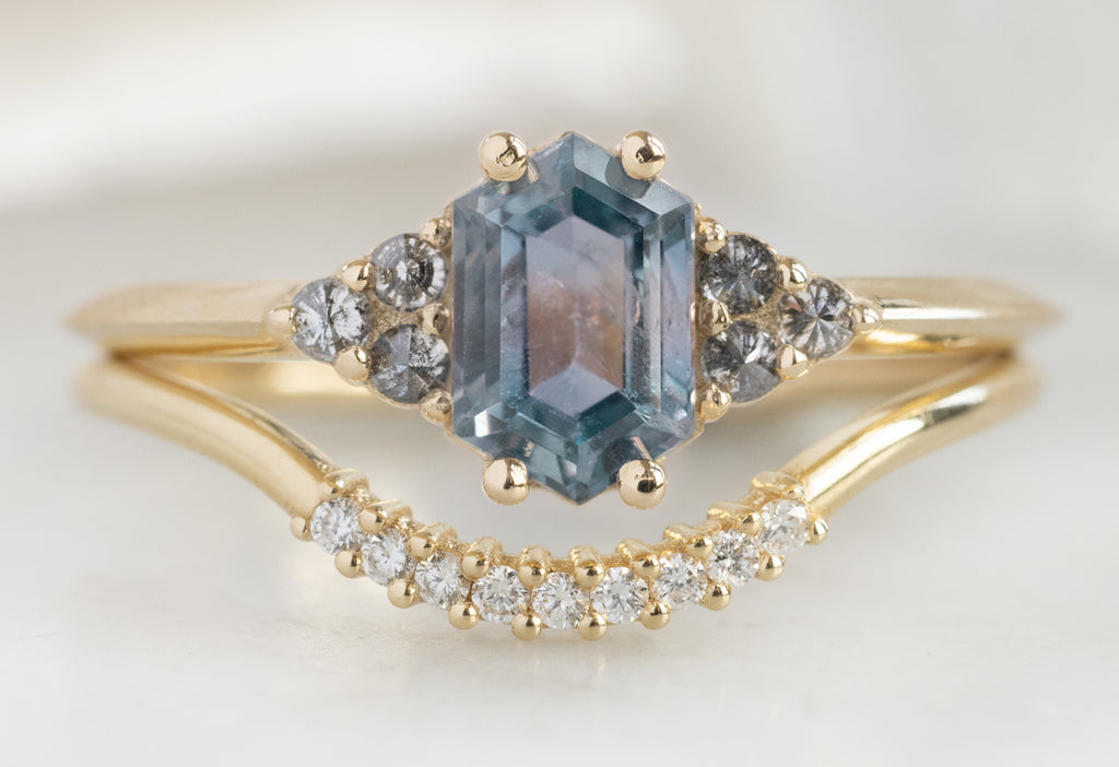 The Ivy Ring with a Montana Sapphire Hexagon with Pave Diamond Stacking Band